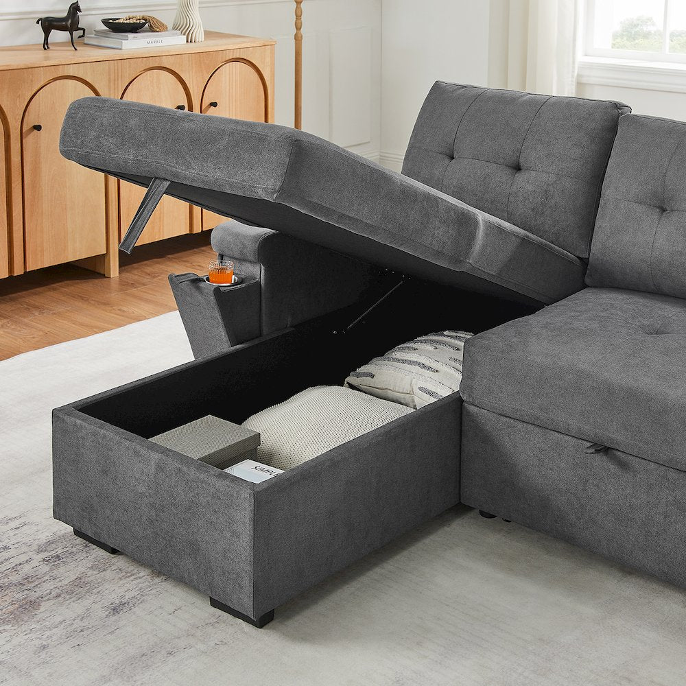95"W Gray Woven Fabric Reversible Sleeper Sectional Sofa with Storage Chaise
