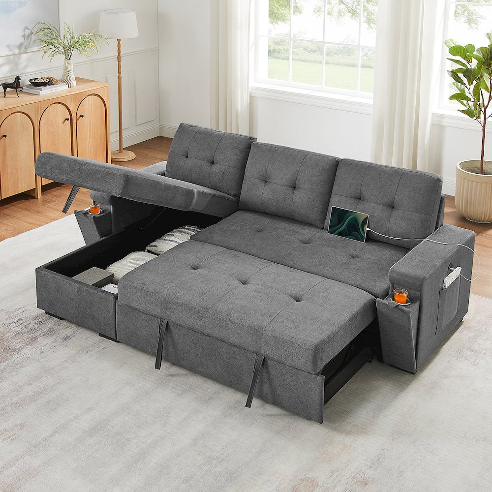 95"W Gray Woven Fabric Reversible Sleeper Sectional Sofa with Storage Chaise