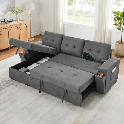 95"W Gray Woven Fabric Reversible Sleeper Sectional Sofa with Storage Chaise