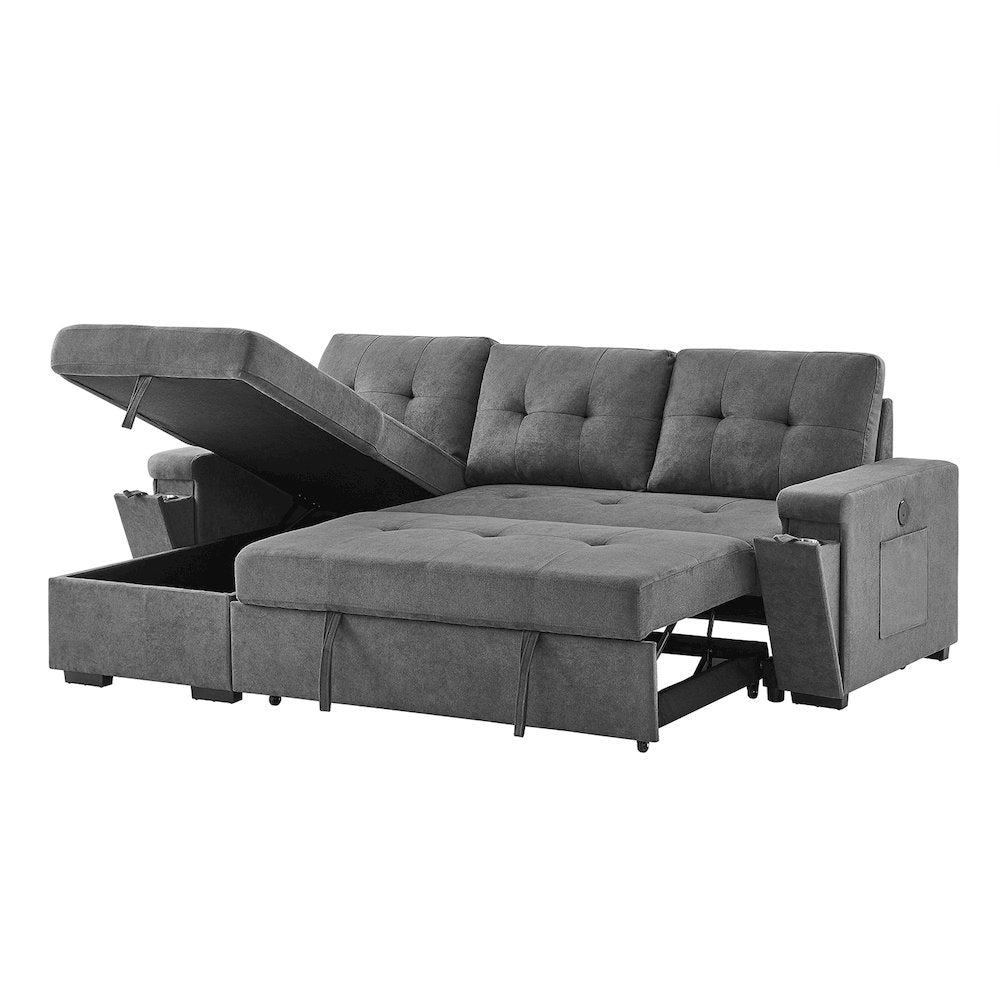 95"W Gray Woven Fabric Reversible Sleeper Sectional Sofa with Storage Chaise