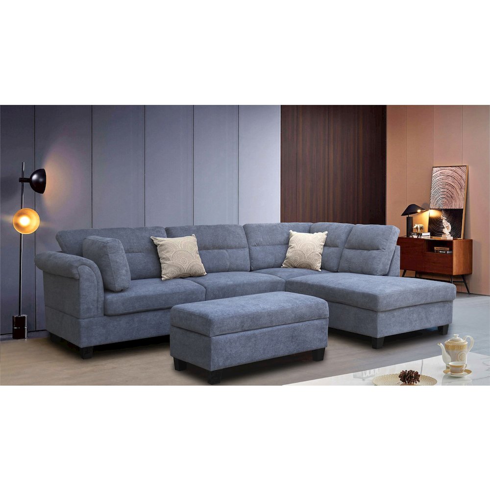 Gray Fabric Sectional Sofa with Right Facing Chaise, Storage Ottoman, 2 Pillows
