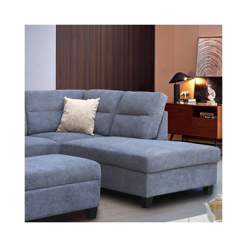 Gray Fabric Sectional Sofa with Right Facing Chaise, Storage Ottoman, 2 Pillows