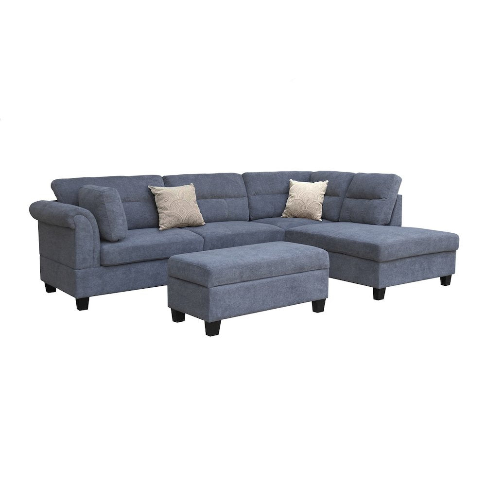 Gray Fabric Sectional Sofa with Right Facing Chaise, Storage Ottoman, 2 Pillows
