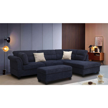 Black Fabric Sectional Sofa with Right Facing Chaise, Storage Ottoman, 2 Pillows