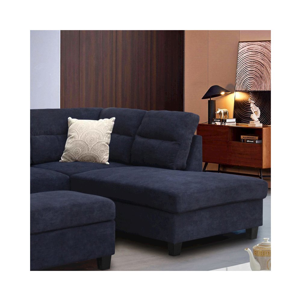 Black Fabric Sectional Sofa with Right Facing Chaise, Storage Ottoman, 2 Pillows