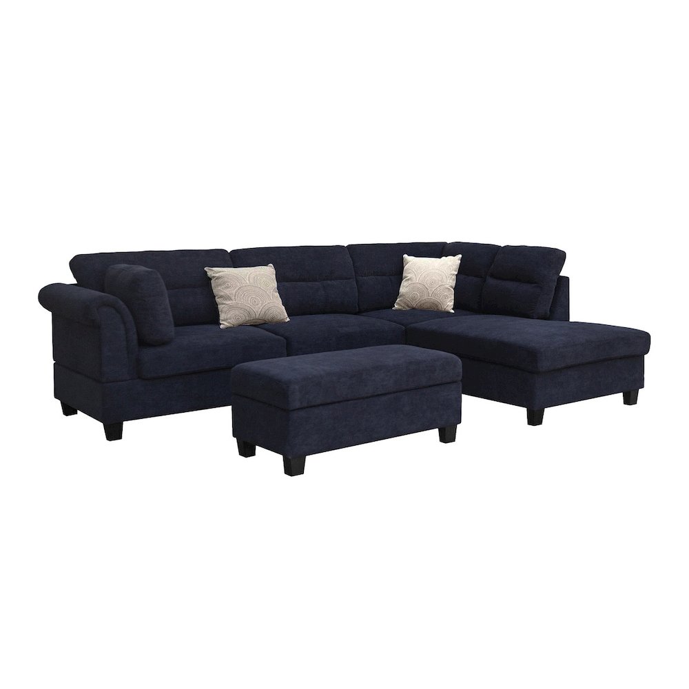 Black Fabric Sectional Sofa with Right Facing Chaise, Storage Ottoman, 2 Pillows