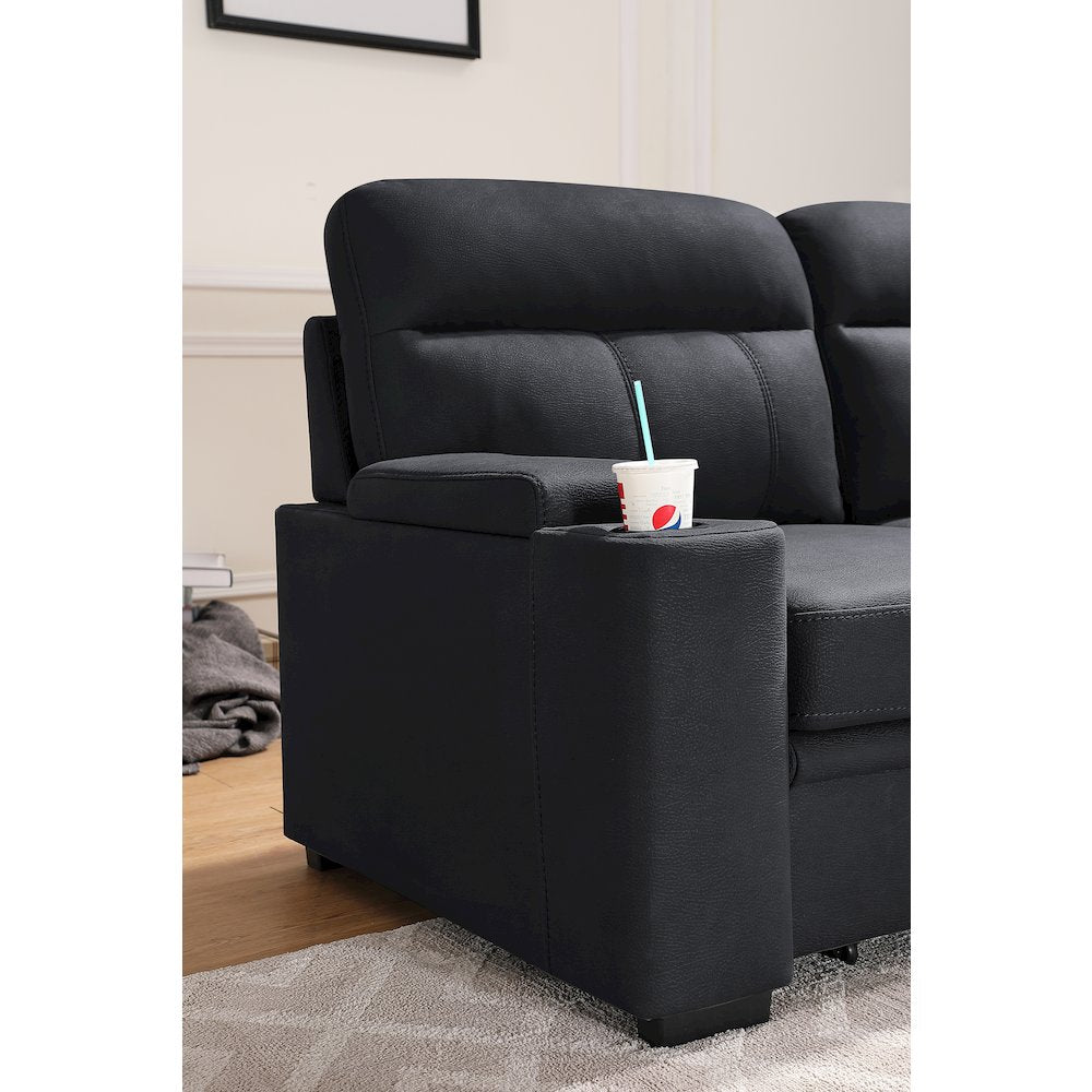 93" Black Fabric Sleeper Sectional Sofa Chaise with Storage Arms and Cupholder
