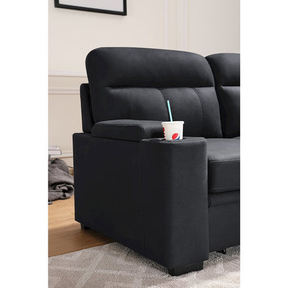 93" Black Fabric Sleeper Sectional Sofa Chaise with Storage Arms and Cupholder