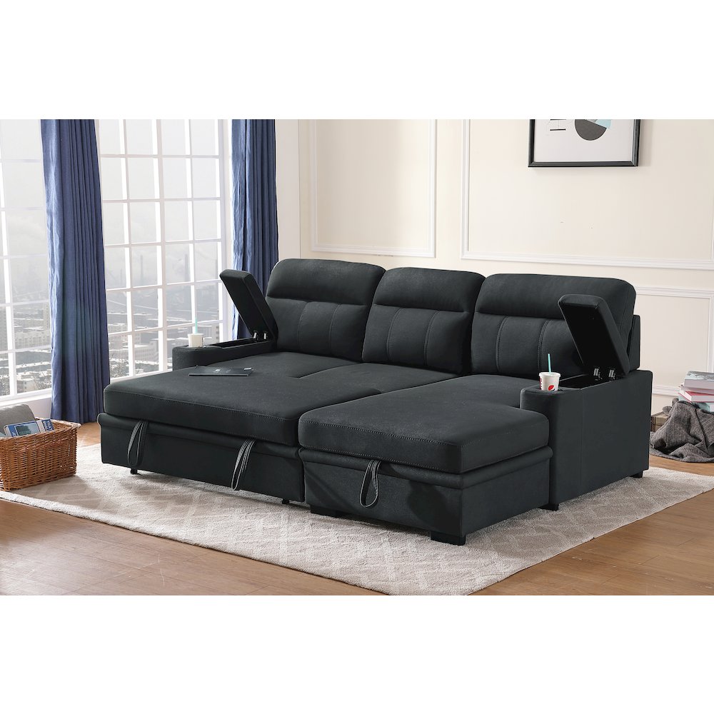 93" Black Fabric Sleeper Sectional Sofa Chaise with Storage Arms and Cupholder
