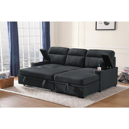93" Black Fabric Sleeper Sectional Sofa Chaise with Storage Arms and Cupholder