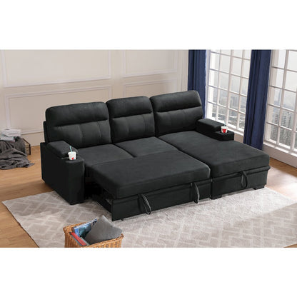 93" Black Fabric Sleeper Sectional Sofa Chaise with Storage Arms and Cupholder