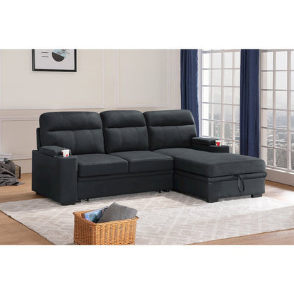 93" Black Fabric Sleeper Sectional Sofa Chaise with Storage Arms and Cupholder