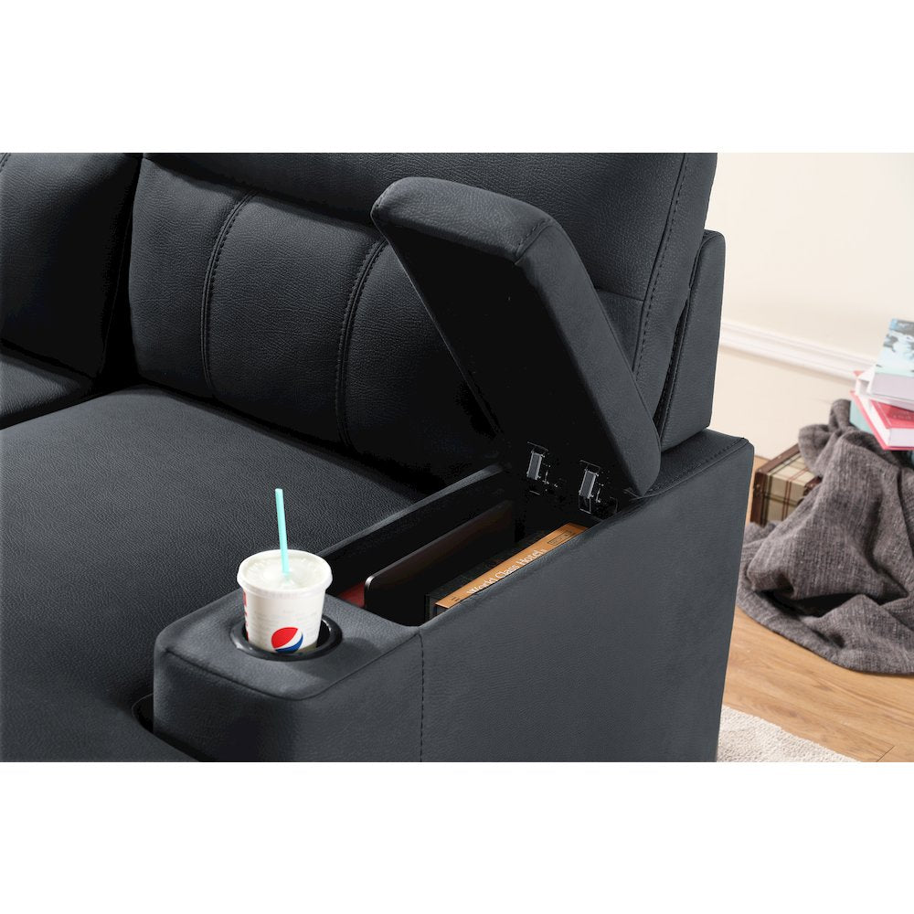 93" Black Fabric Sleeper Sectional Sofa Chaise with Storage Arms and Cupholder
