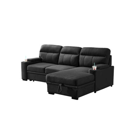 93" Black Fabric Sleeper Sectional Sofa Chaise with Storage Arms and Cupholder