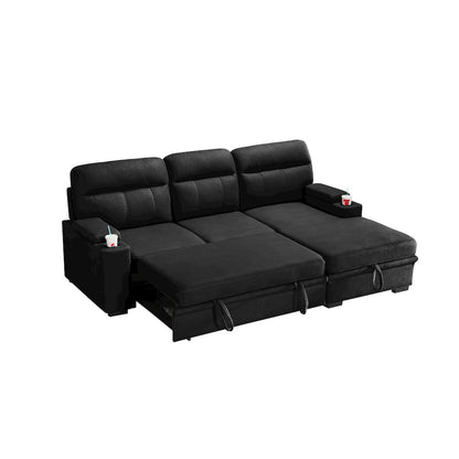 93" Black Fabric Sleeper Sectional Sofa Chaise with Storage Arms and Cupholder