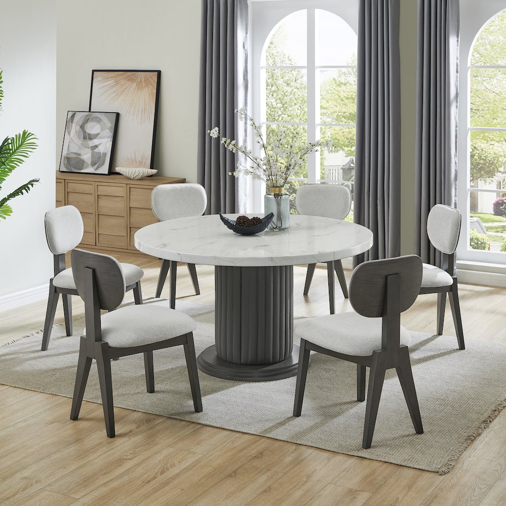 Valencia 7-Piece 54" Round White Faux Marble Dining Set