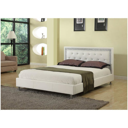 Best Master Faux Leather Queen Platform Bed with Crystal Tufted Buttons in White