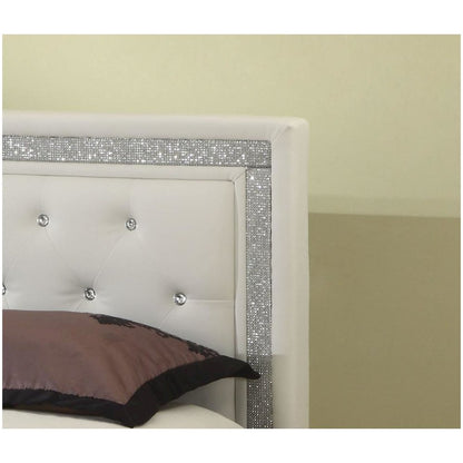 Best Master Faux Leather Queen Platform Bed with Crystal Tufted Buttons in White