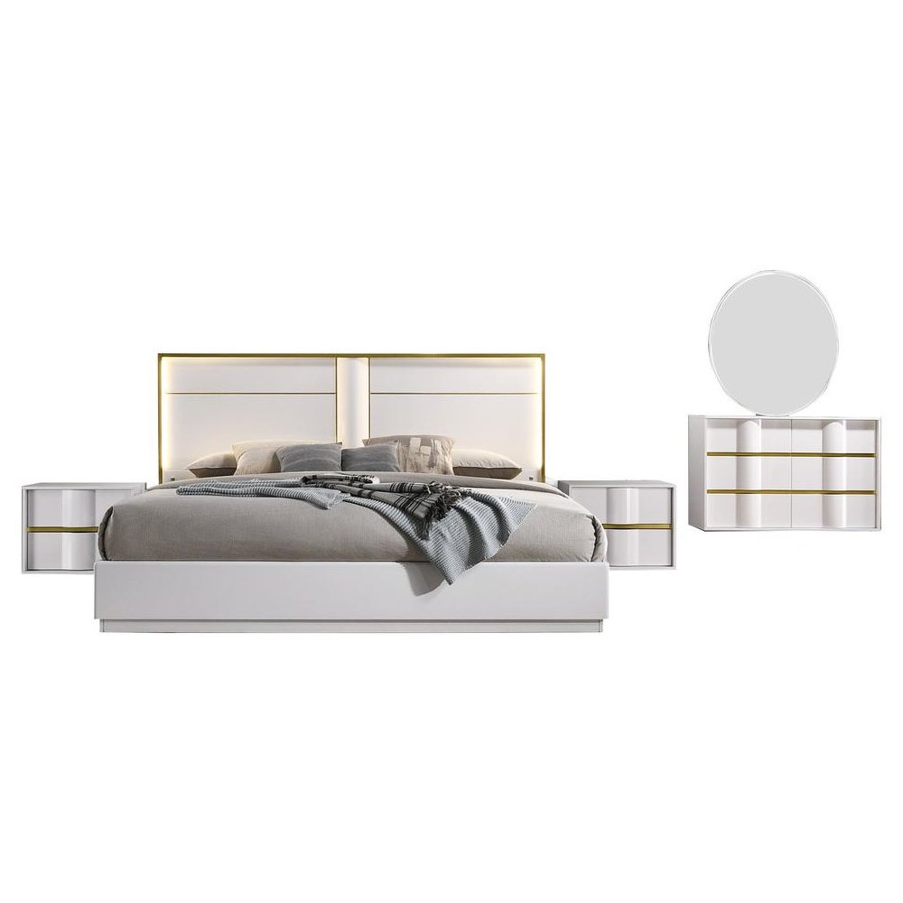 Best Master Havana 5-Piece Poplar Wood Queen Bedroom Set in White/Gold Trim