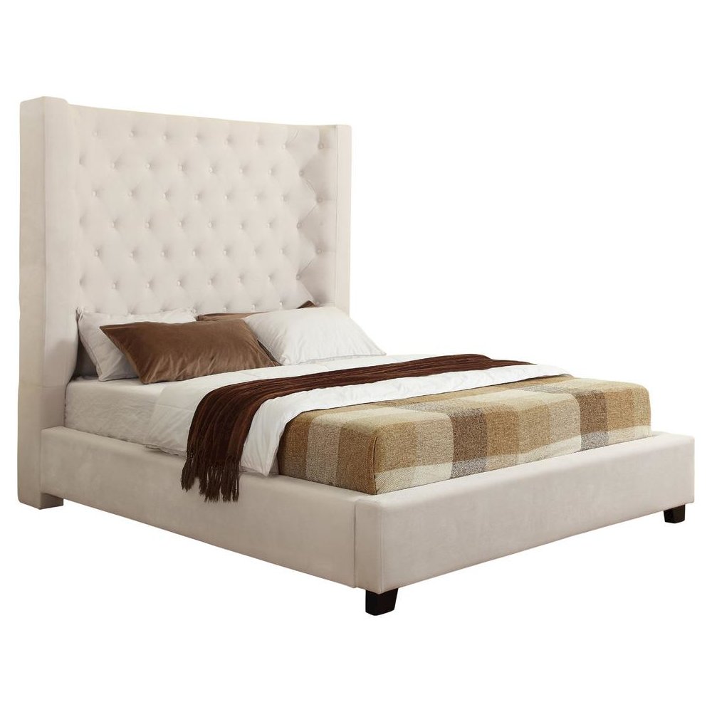 Best Master Jamie Velvet Upholstered Tower High Profile Queen Bed in Cream