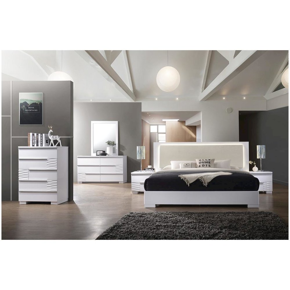 Best Master Athens Cal King Platform Bed with LED Lighting in White Lacquer