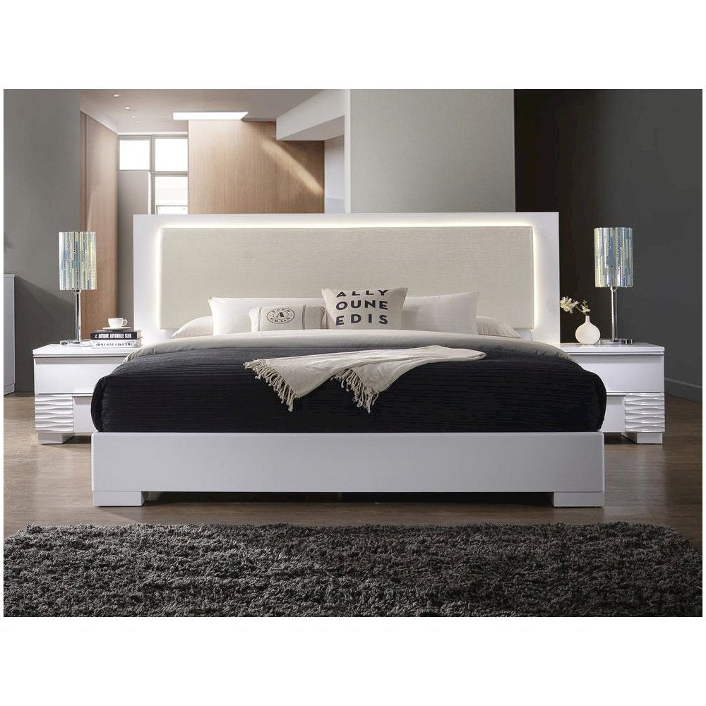 Best Master Athens Cal King Platform Bed with LED Lighting in White Lacquer