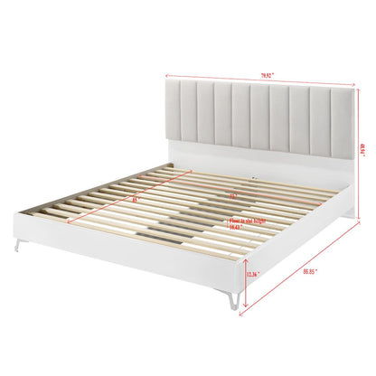 87" California King Bed Frame, White Frame with Beige Padded Headboard