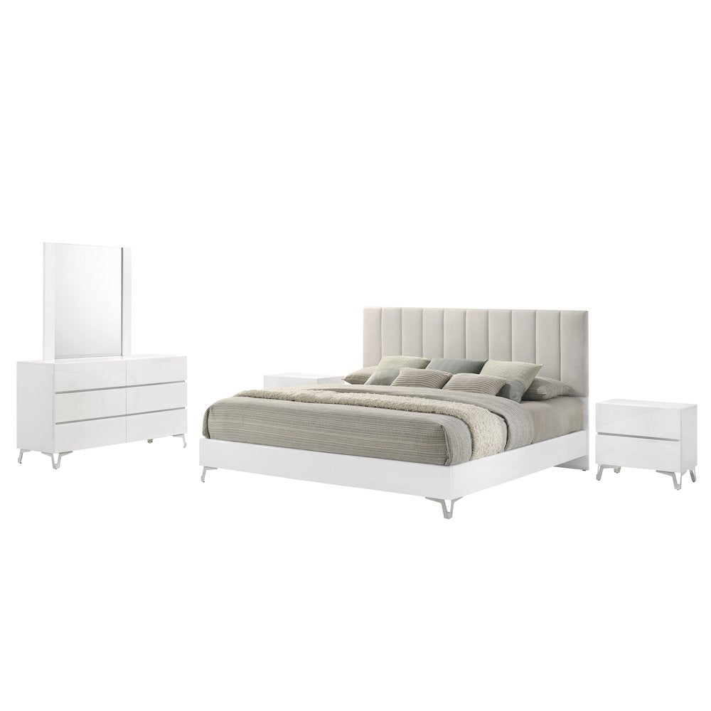 5PC King Set, White Storage, Beige Headboard, Dresser, Mirror, 2 Nightstands