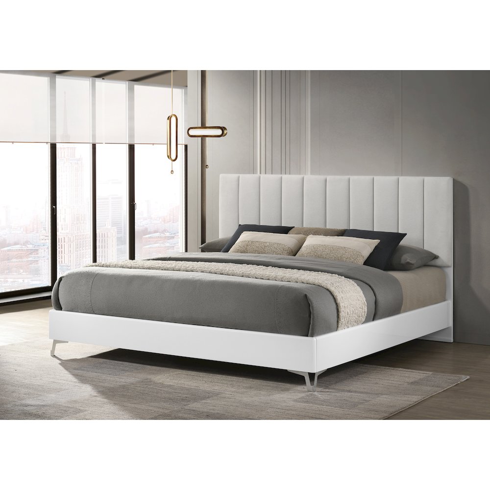 87" California King Bed Frame, White Frame with Beige Padded Headboard