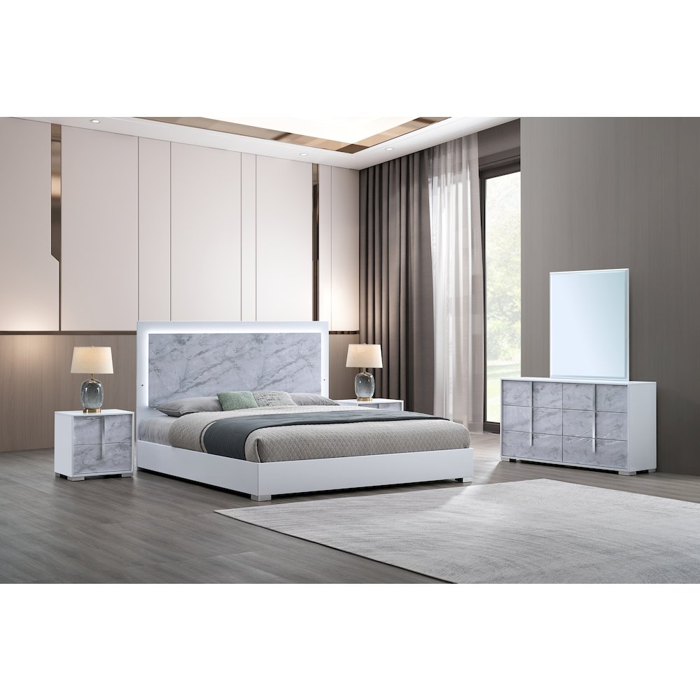 5-PC King Set, LED Bed with Dual Side Buttons, Dresser, Mirror, 2 Nightstands