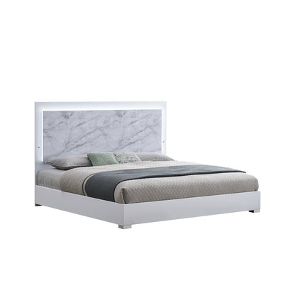 88.5" California King Bed Frame, White Lacquered Gloss, LED Headboard