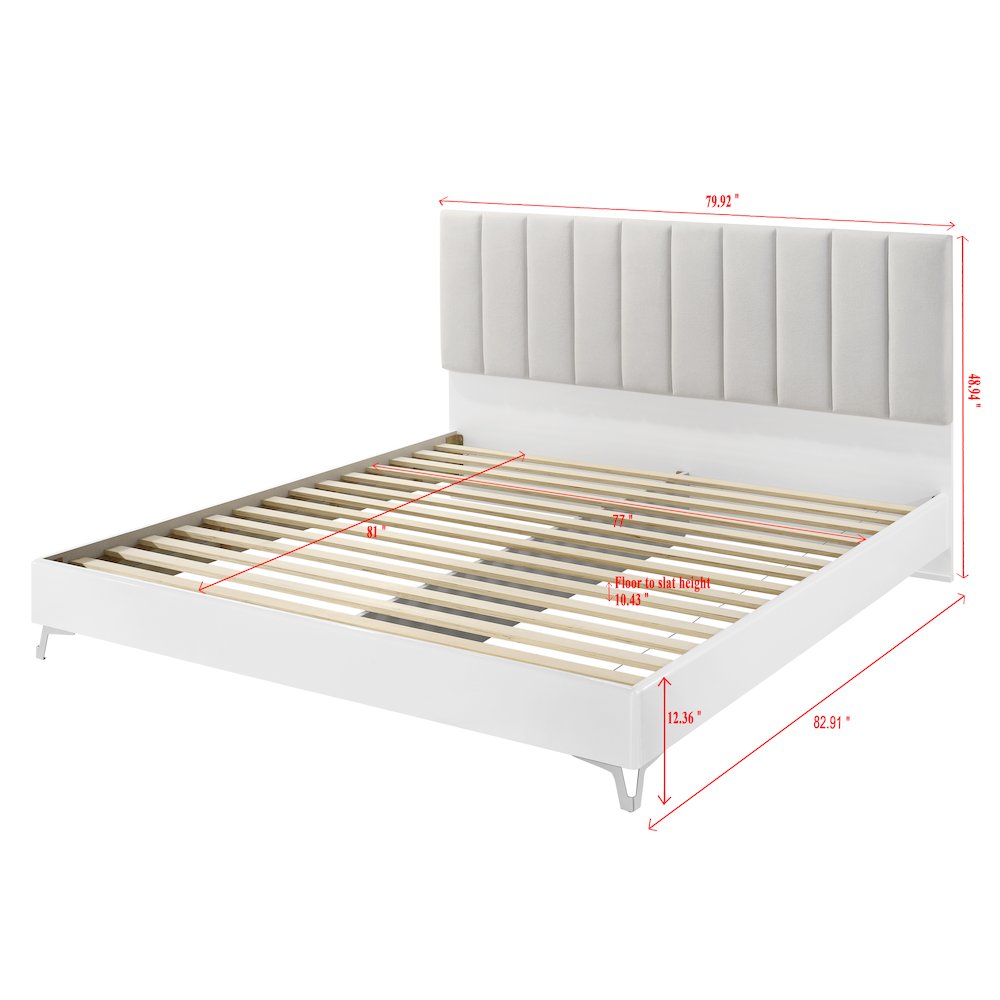 5PC King Set, White Storage, Beige Headboard, Dresser, Mirror, 2 Nightstands