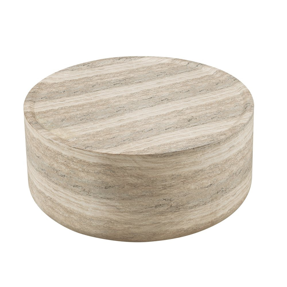 Round Coffee Table Concrete Travertine Finish, Modern Organic Drum Center Table