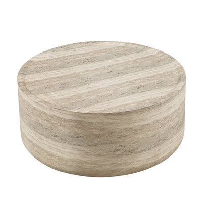 Round Coffee Table Concrete Travertine Finish, Modern Organic Drum Center Table
