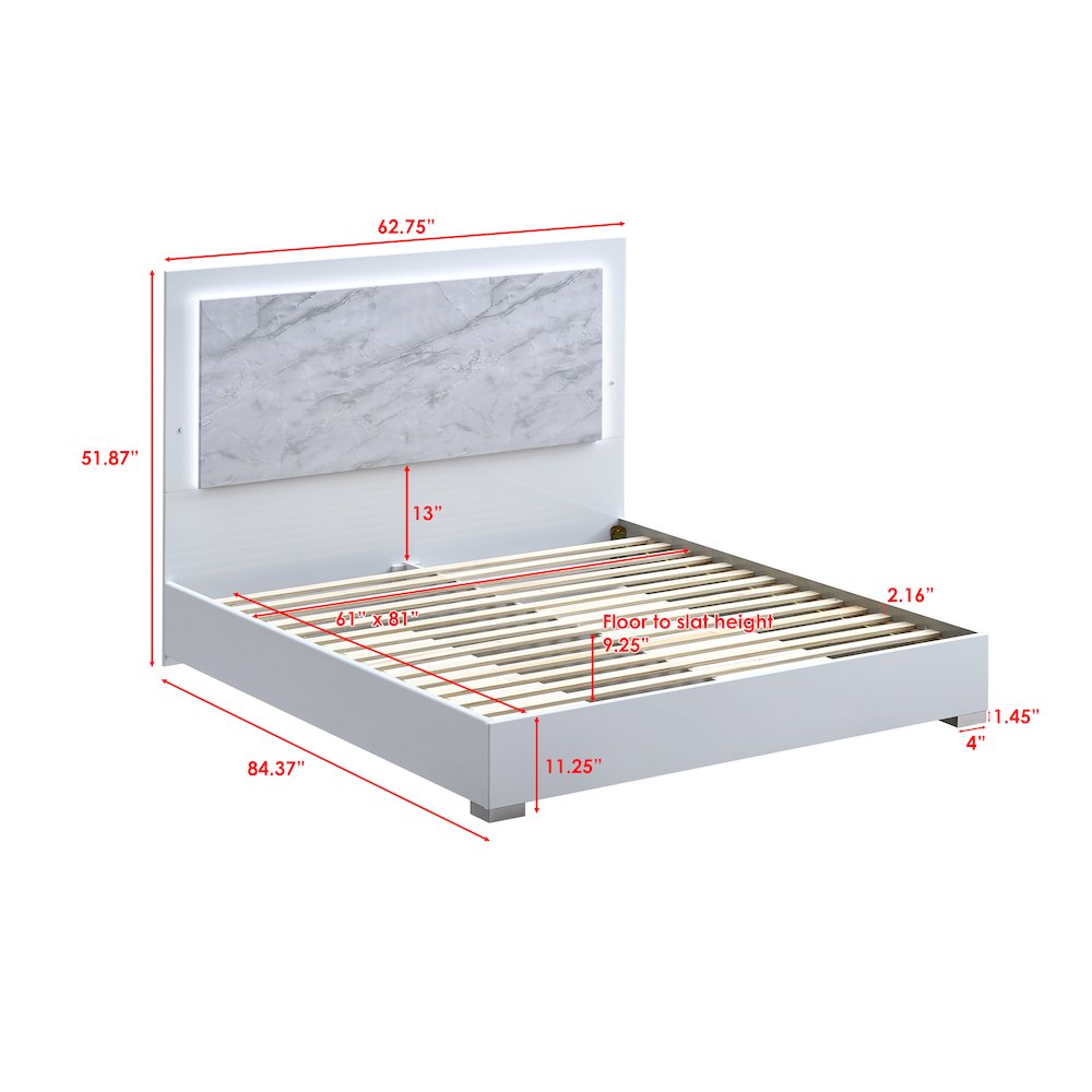 84.5" Queen Bed Frame, White Lacquered Gloss, LED Headboard