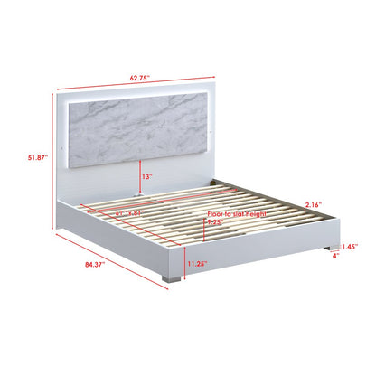 84.5" Queen Bed Frame, White Lacquered Gloss, LED Headboard