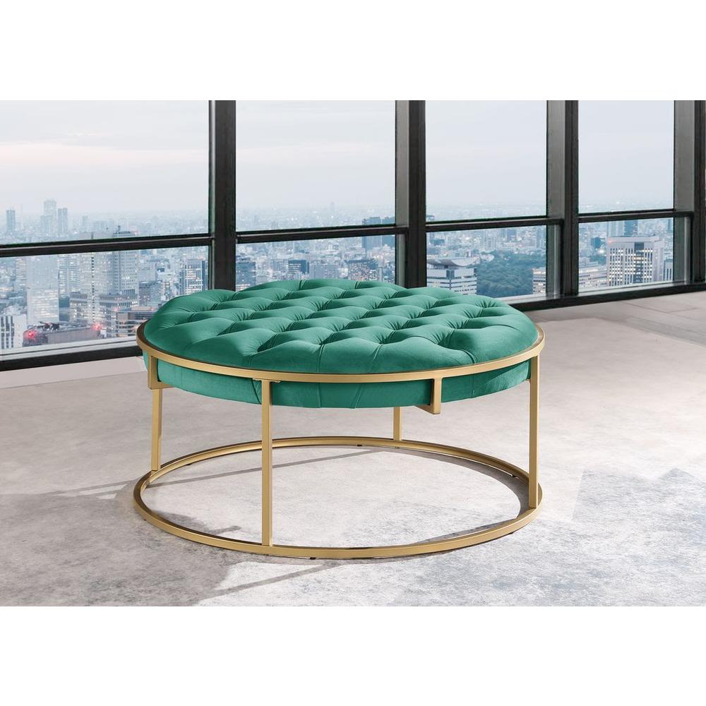 Conmara Velvet Round Accent Ottoman Green, Gold