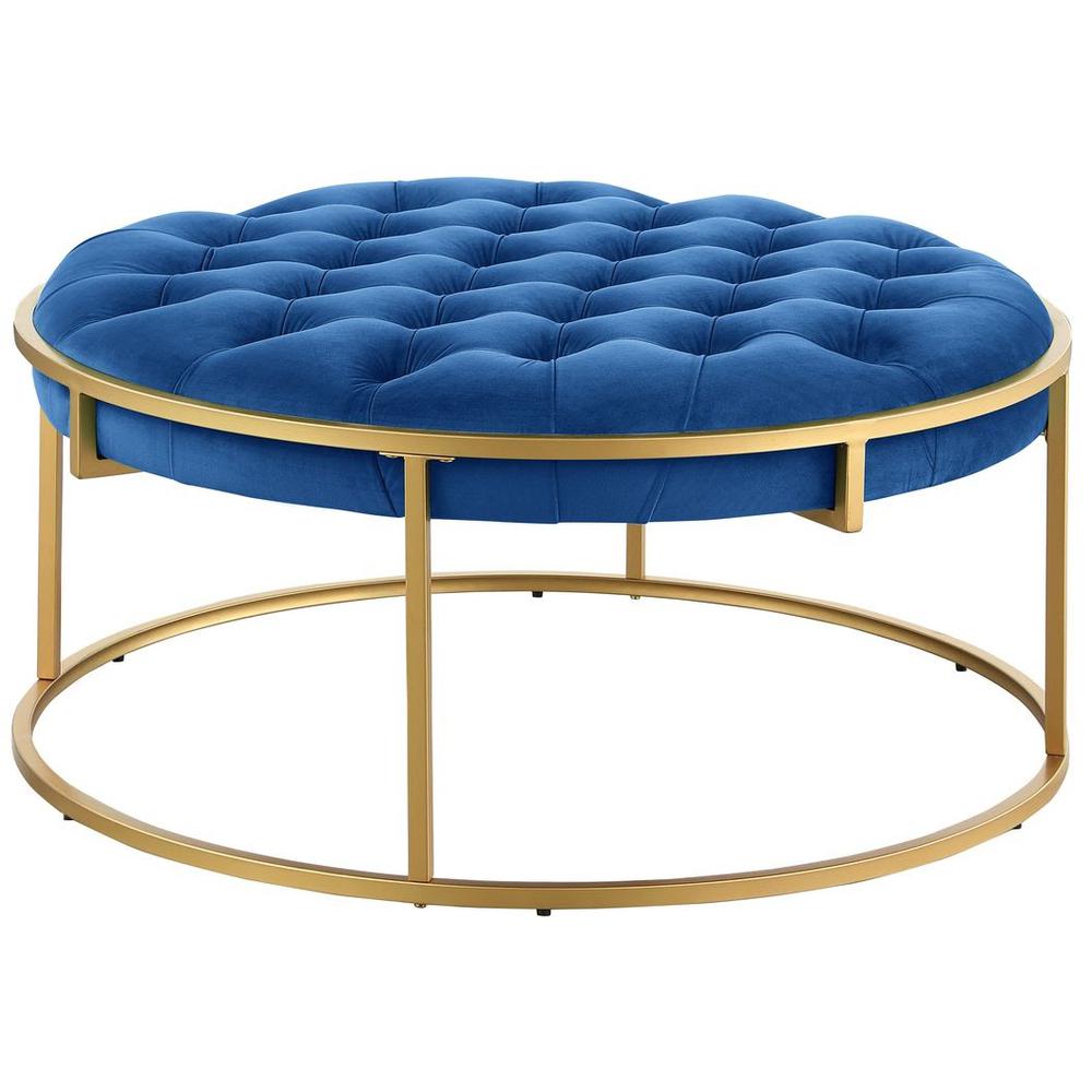 Conmara Velvet Round Accent Ottoman Navy Blue, Gold