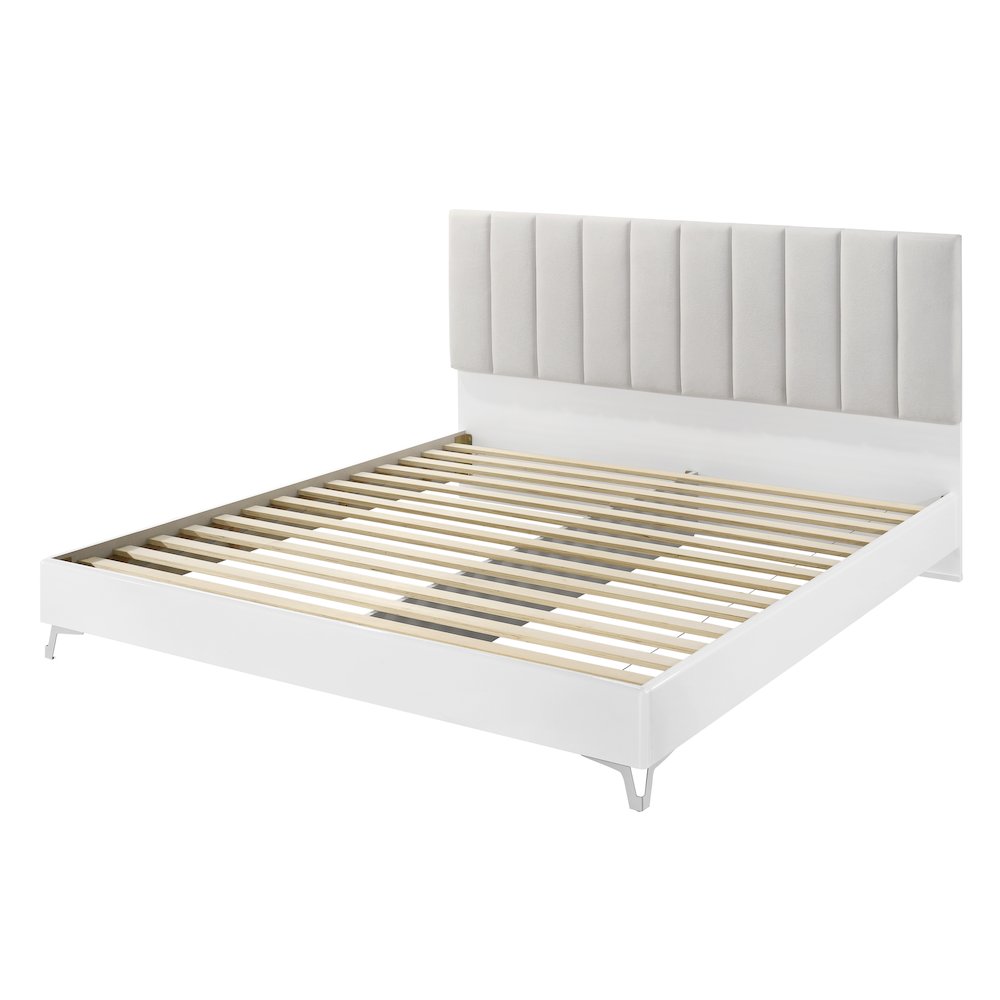 5PC King Set, White Storage, Beige Headboard, Dresser, Mirror, 2 Nightstands