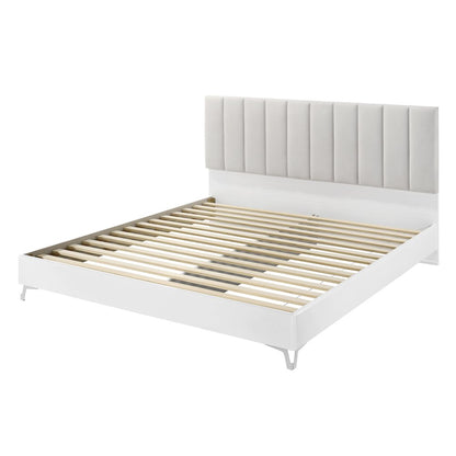 5PC King Set, White Storage, Beige Headboard, Dresser, Mirror, 2 Nightstands