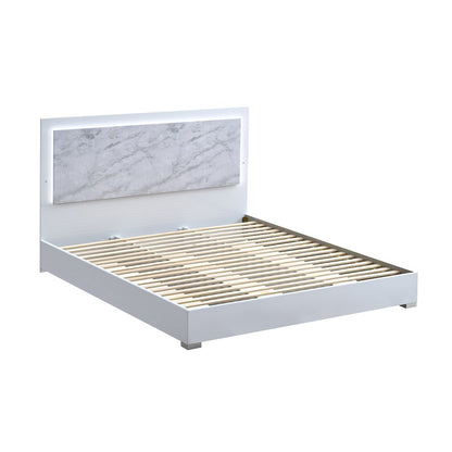 88.5" California King Bed Frame, White Lacquered Gloss, LED Headboard