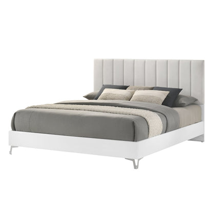 5PC King Set, White Storage, Beige Headboard, Dresser, Mirror, 2 Nightstands