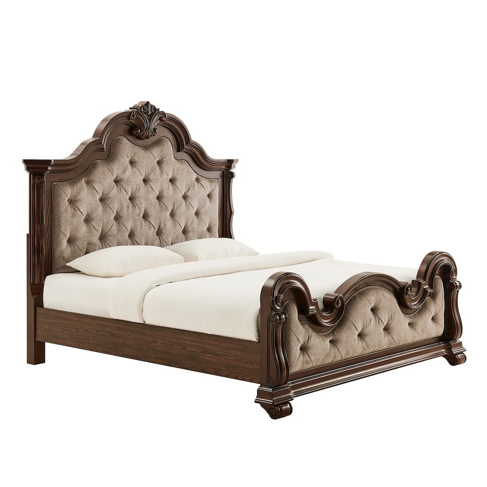 Belvedere Eastern King Platform Bed Frame, Tufted Headboard - Dark Cherry Finish