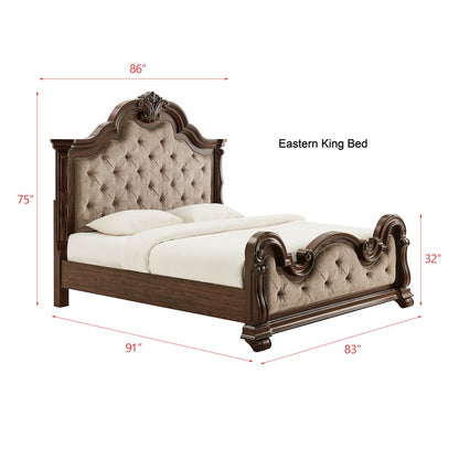 Belvedere Eastern King Platform Bed Frame, Tufted Headboard - Dark Cherry Finish