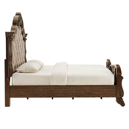 Belvedere Eastern King Platform Bed Frame, Tufted Headboard - Dark Cherry Finish