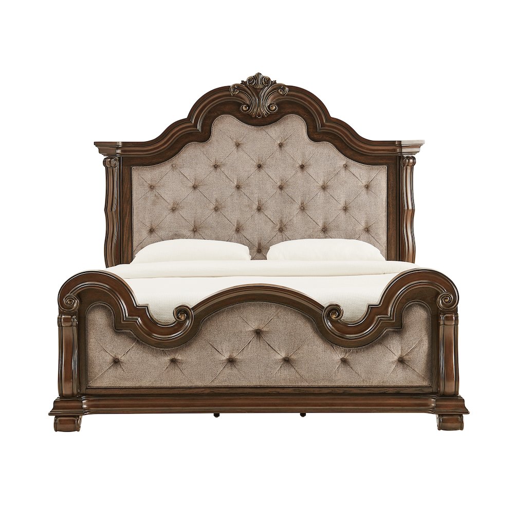 Belvedere Queen Platform Bed Frame, Tufted Fabric Headboard - Dark Cherry Finish