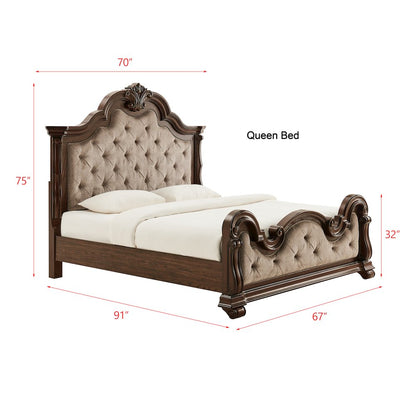 Belvedere Queen Platform Bed Frame, Tufted Fabric Headboard - Dark Cherry Finish