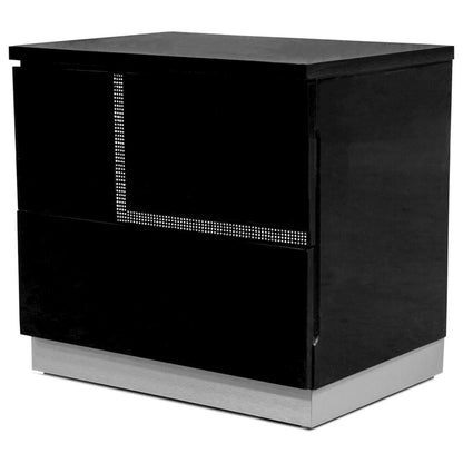Barcelona 21" Left-Facing 2-Drawer Lacquer Nightstand, Rhinestones - Black