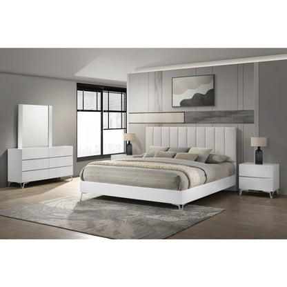 5-Pc Queen Set, White Storage, Beige Headboard, Dresser, Mirror, 2 Nightstands
