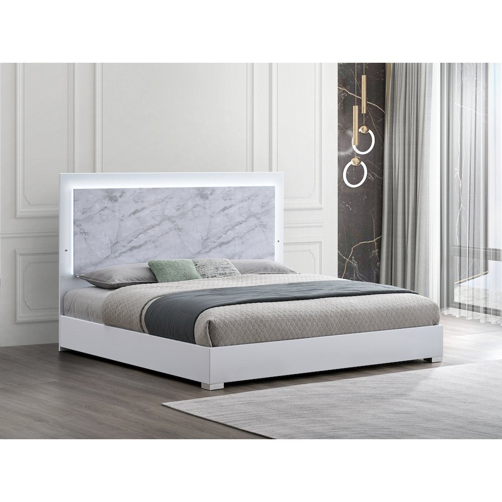 84.5" Eastern King Bed Frame, White Lacquered Gloss, LED Headboard